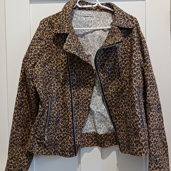 Domino Dollhouse Denim Leopard Print Moto Jacket - Brown/Black - Picture 3 of 9